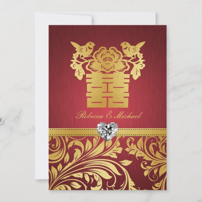 Convites O damasco vermelho & Dourado, felicidade dobro (Frente)