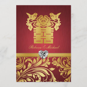 Convites O damasco vermelho & Dourado, felicidade dobro