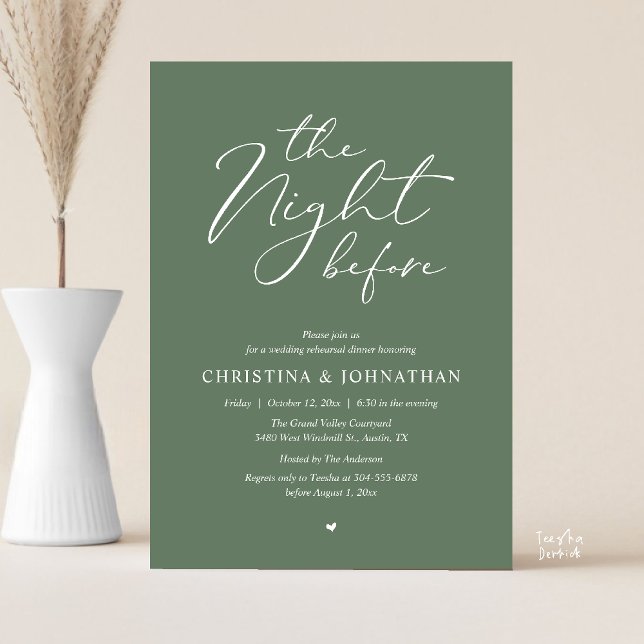 Convites “O Dia Anterior” Jantar de Ensaios Verde Sage (“The Night Before” Elegant Script Romantic Rehearsal Dinner Invitation Card Sage Green)