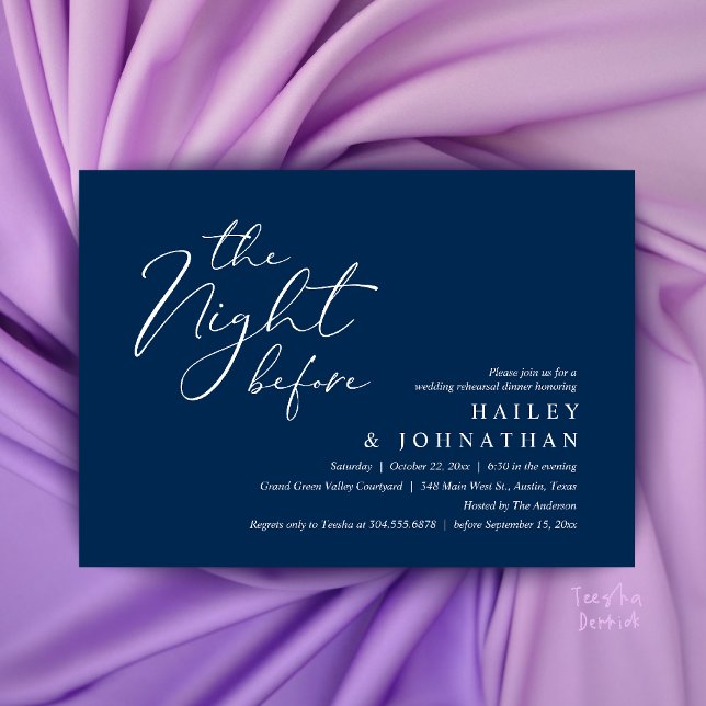 Convites O Dia Antes, Jantar de Ensaios de Casamento Modern (The Night Before, Modern Romantic Wedding Rehearsal Dinner Invitation Card in Navy Blue)