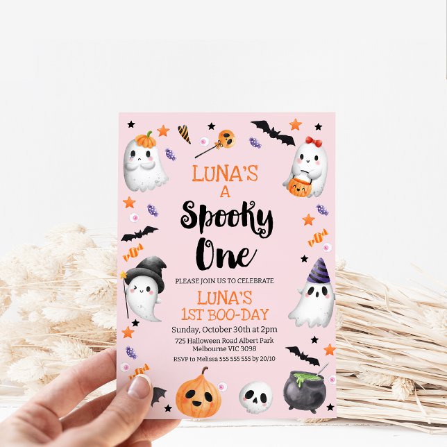 Convites O Dia das Bruxas Rosa Magra Um primeiro aniversari (Girls Halloween Spooky One 1st Birthday Invitation, Editable Pastel Pink Halloween First Birthday )