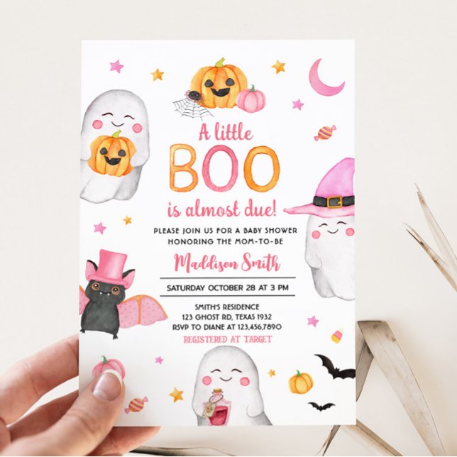 Convites O Dia das Bruxas Rosa Um Pequeno Chá de fraldas Fa (Pink A Little Boo Ghost Baby Shower Invitation)