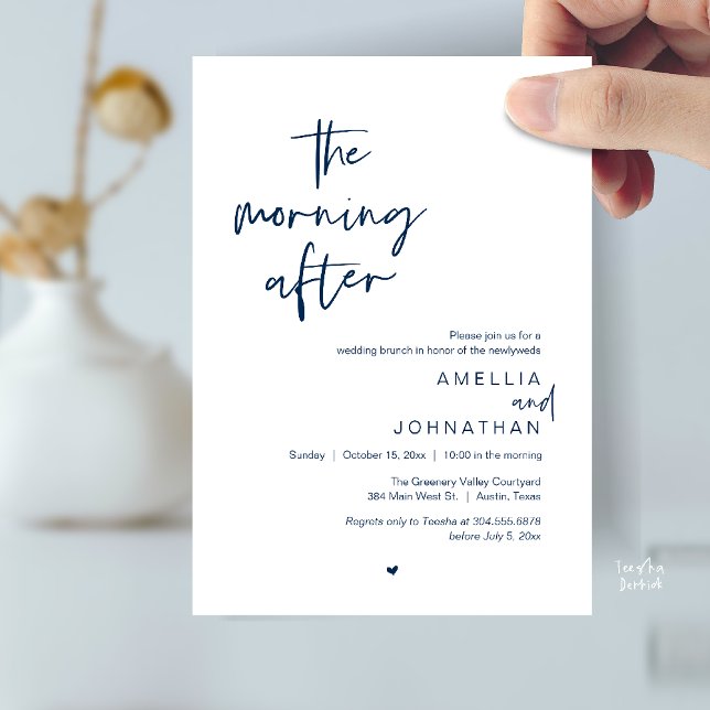 Convites O dia seguinte, Brunch de casamento moderno pós-ca (The morning after, Modern Post Wedding Brunch celebration  Invitation card in navy blue)