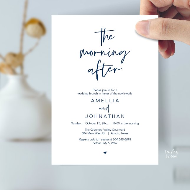 Convites O dia seguinte, Brunch de casamento moderno pós-ca (The morning after, Modern Post Wedding Brunch celebration  Invitation card in navy blue)
