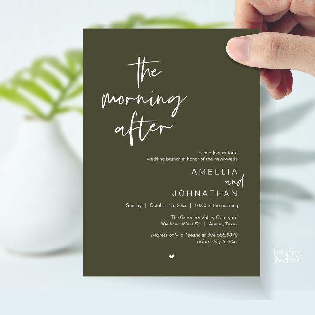 Convites O dia seguinte, Brunch de casamento moderno pós-ca (The morning after, Modern Post Wedding Brunch celebration  Invitation card in olive green)