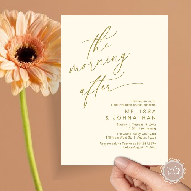 Convites O Dia Seguinte, Brunch Felizes para Sempre (The Morning After Modern Romantic Post Wedding Elopement Brunch Invitation Card PDF in Yellow Gold)