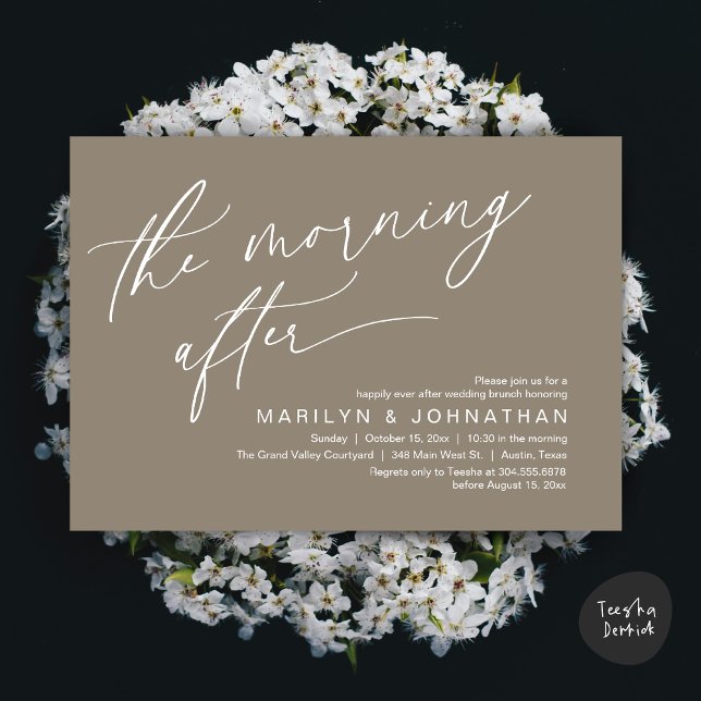Convites O Dia Seguinte, Brunch Felizes para Sempre (The Morning After Modern Romantic Post Wedding Elopement Brunch Invitation Card PDF in Taupe Brown)