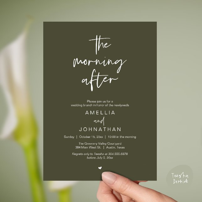 Convites O dia seguinte, Brunch moderno pós-casamento (The morning after, Modern Post Wedding Brunch celebration  Invitation card in olive green)