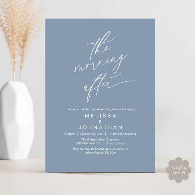 Convites O Dia Seguinte, Brunch Romântico Pós-Casamento (The Morning After Modern Romantic Post Wedding Elopement Brunch Invitation Card PDF in Dusty Blue)