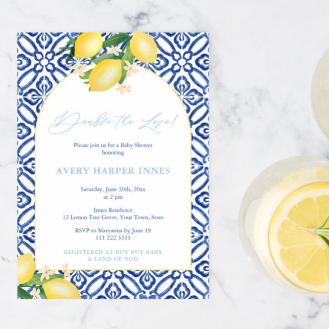 Convites O Dobro Do Chá de fraldas Italiano De Amor Para Me (Double The Love Italian Lemons Theme Baby Shower Party Invitation to welcome twin boys)