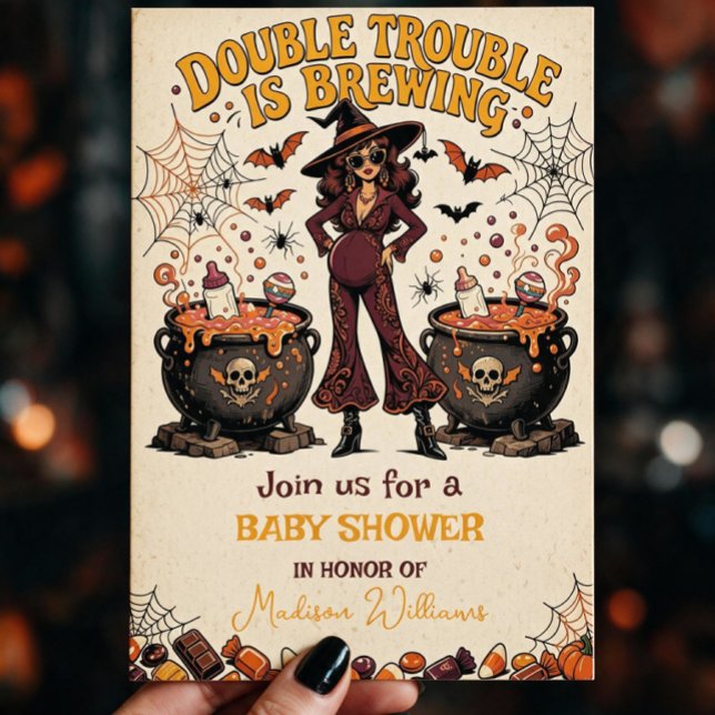 Convites O Dobro do Problema está Cozinhando Gêmeos de Hall (Double Trouble is Brewing Halloween Twins Invitation)
