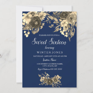 Convites O doce floral Dourado elegante 16 dos azuis