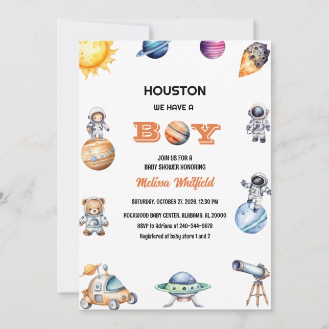 Convites O espaço externo Houston temos um Chá de fraldas (Frente)