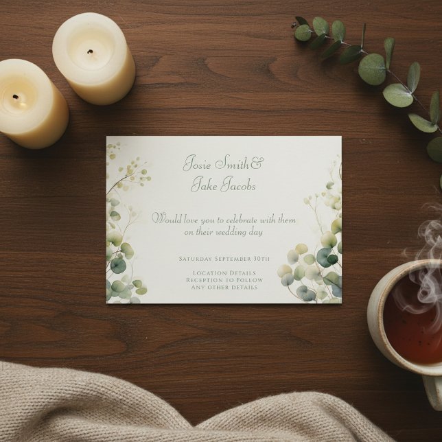 Convites O Eucalipto Verde deixa o casamento de prata (Green Eucalyptus Leaves silver dollar wedding Invitation.)