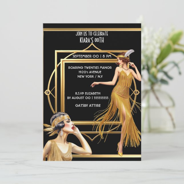 Convites O Excelente Gatsby Black Gold Flapper Girl art dec (Em pé/Frente)