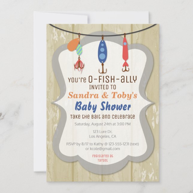 Convites O-FISH-ALLY Fishing Baby Shower Invitation - Tan (Frente)