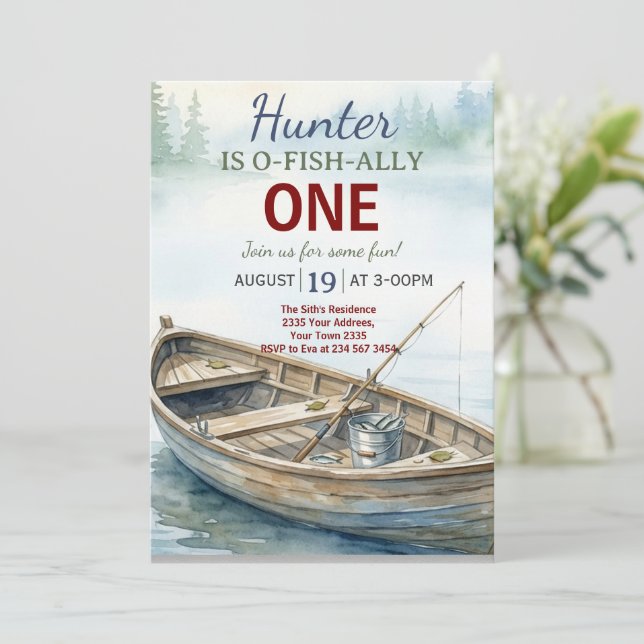 Convites O-fish-Ally, Little Fisherman, 1st  Birthday Party (Em pé/Frente)