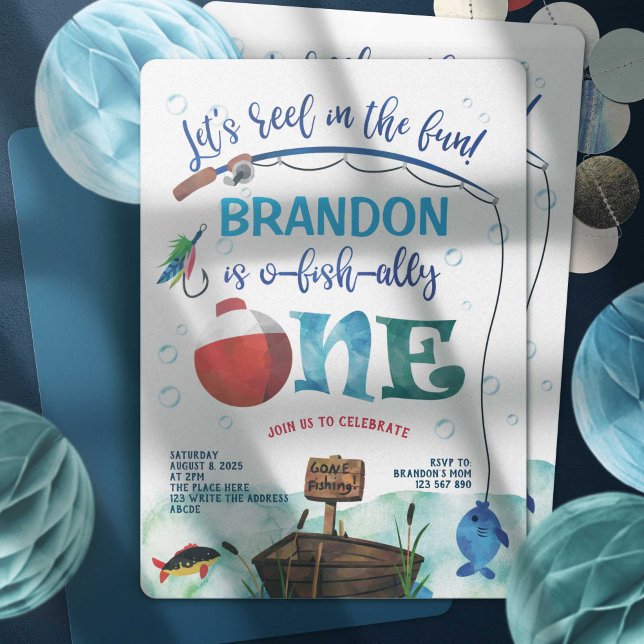 Convites O-fish-Ally, Pequeno Pescador, Pescaria, 1rua (O fish Ally, Fishing themed, Boy 1st birthday invitation. Little fisherman, gone fishing birthday.)