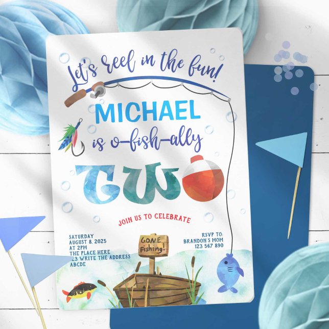Convites O-fish-ally, pescador pequeno, segundo aniversário (O-fish-ally, Fishing themed, boy 2nd birthday invitation.)