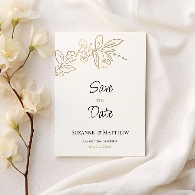 Convites O floral simples de ouro branco elegante Guarde a  (Elegant white gold simple floral Save the Date)