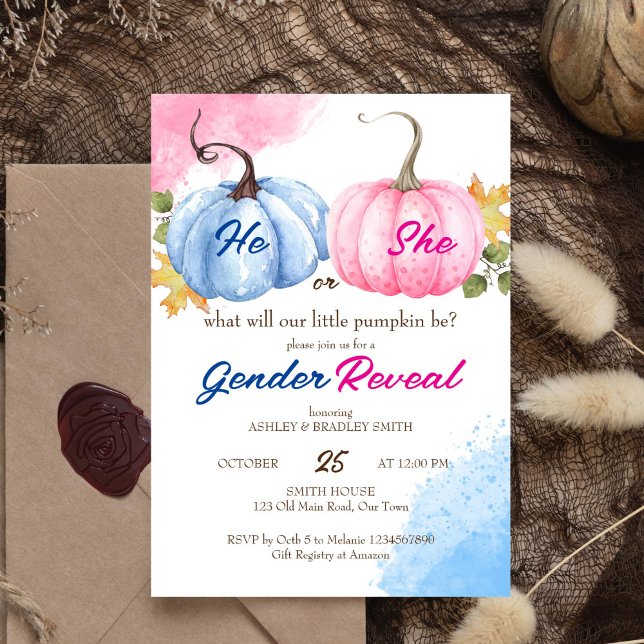Convites O gênero da abóbora revela modelo rosa e azul (Pumpkin fall themed gender reveal editable template invitation digital download pink  blue pumpkins)