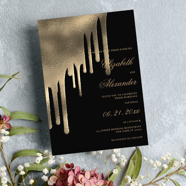 Convites O gradiente preto clássico dourado pinga o tema do (Classy black gold gradient drips wedding theme invitation )