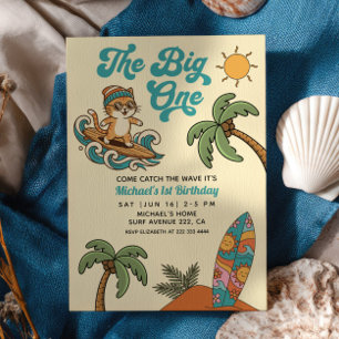 Convites O Grande Gato Surfista Retro Verão 1º Aniversário