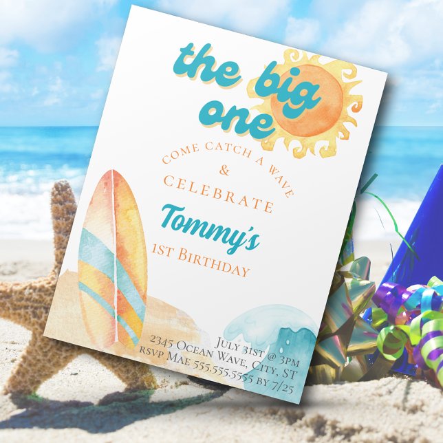 Convites O Grande primeiro aniversario de Aquarelas de Prai (The Big One Beach Watercolor 1st Birthday Invitation)