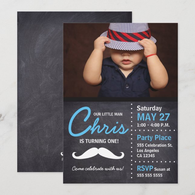 Convites O Homem Pequeno vira um - foto, bigode, giz (Frente/Verso)