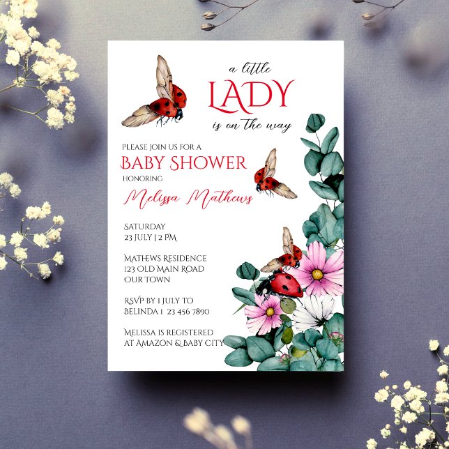 Convites O inseto da senhora chá de fraldas (Lady bug little lady spring summer girls baby shower invitation editable template instant download)