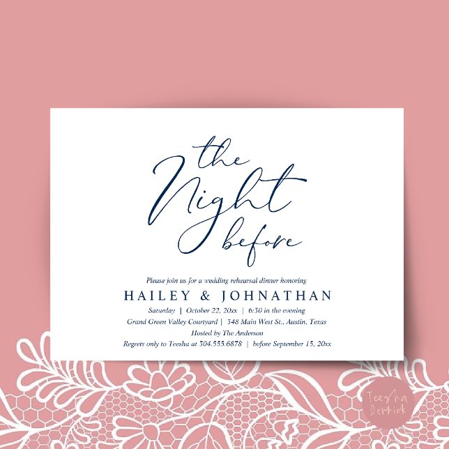 Convites O Jantar da Véspera, Jantar de Ensaios de Casament (The Night Before, Modern Romantic Wedding Rehearsal Dinner Invitation Card in Navy Blue)