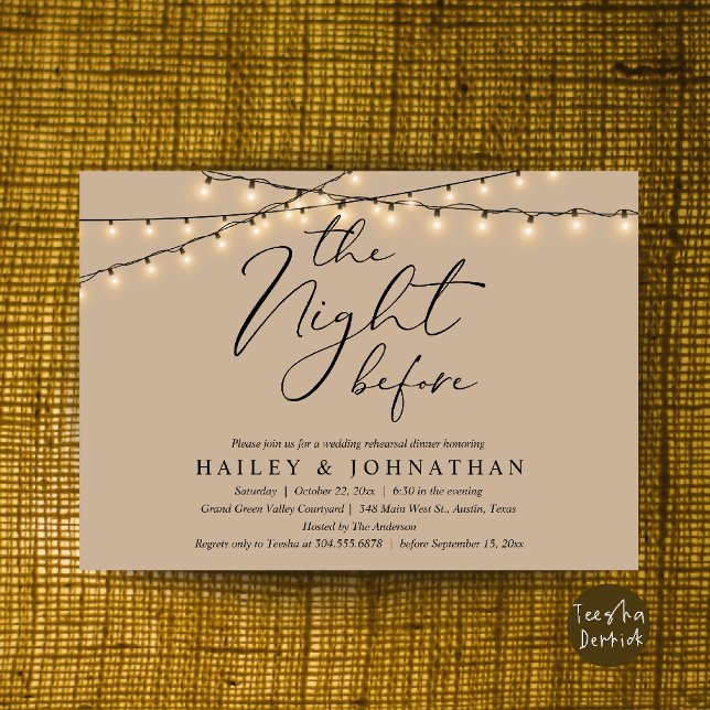 Convites O Jantar da Véspera, Jantar de Ensaios de Casament (The Night Before, Modern Romantic Wedding Rehearsal Dinner Invite Card in String Lights Brown Tan)