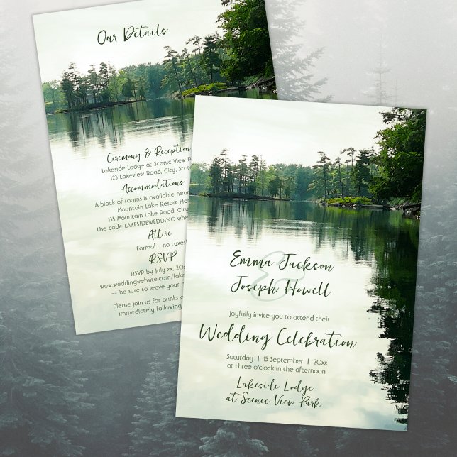 Convites O lago de montanha detalha tudo em um casamento (front & back - combination invitation plus details card - easily add a QR code with Z design tool)