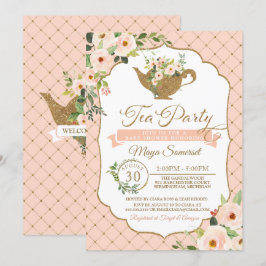 Convites O luxo do tea party cora chá de fraldas floral da
