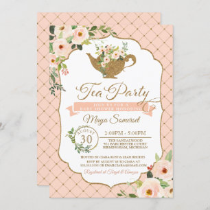 Convites O luxo do tea party cora chá de fraldas floral da