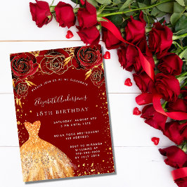 Convites O luxo do vestido vermelho de ouro de aniversário