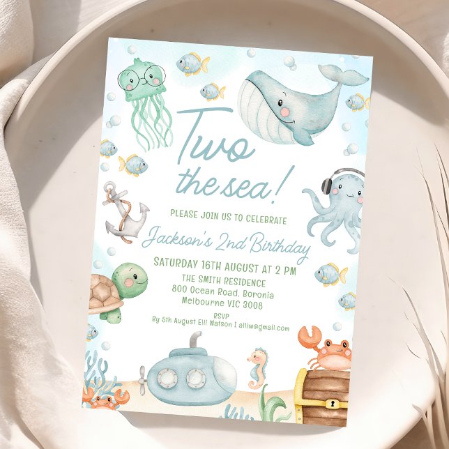Convites O Mar Verde Azul Constitui Dois segundos aniversár (Boys Two The Sea 2nd Birthday Invitation, Under the Sea Themed Birthday Party Invite, Ocean Critters)