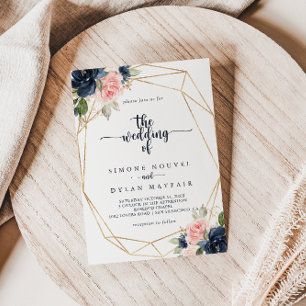 Convites O Marinho Blush Floral Dourado Casamento Geométric