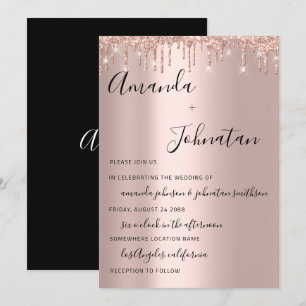 Convites O monograma Dourado cor-de-rosa Wedding goteja o