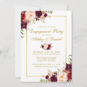 Convites O noivado Dourado floral do casamento de Borgonha