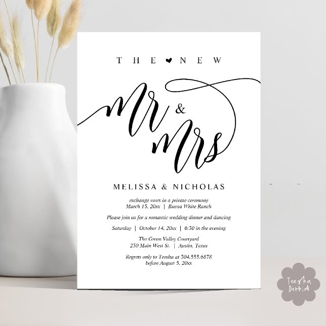 Convites O Novo Sr. e a Sra. Modern Festa de casamento Jant (The New Mr and Mrs, Modern Romantic Wedding Dinner Party Invites Minimalist Card PDF in Black White)