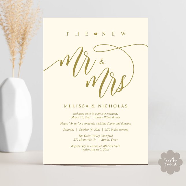 Convites O Novo Sr. e a Sra. Modern Festa de casamento Jant (The New Mr and Mrs, Modern Romantic Wedding Dinner Party Invites Card PDF in Aesthetic Yellow Gold)