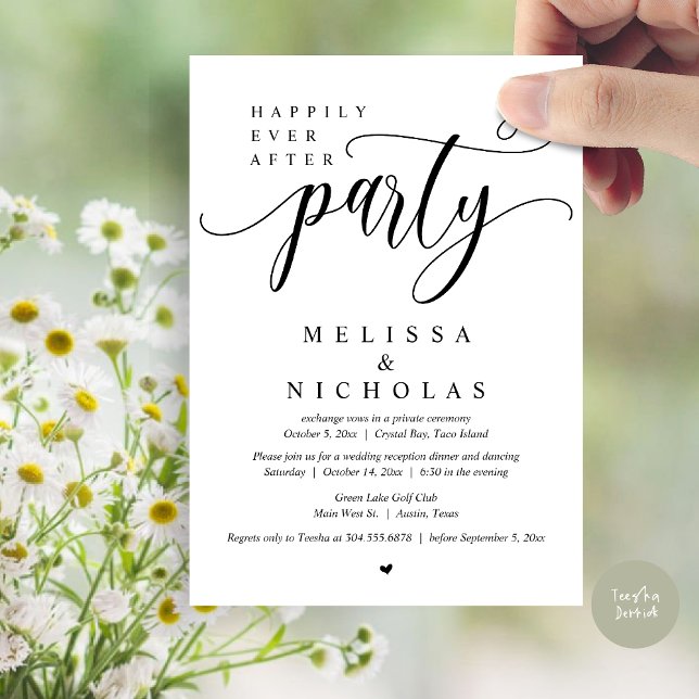 Convites O Novo Sr. e a Sra., Partido do Janto de Elopement (Happily Ever After Party, Wedding Elopement Dinner Party Invitation Card, PDF, White Black)