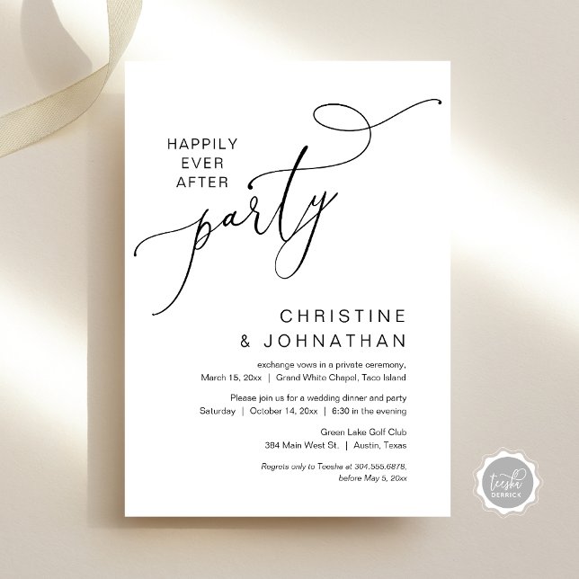 Convites O Novo Sr. e a Sra., Partido do Janto de Elopement (Happily ever after party, Wedding Elopement Dinner Party Invitation Card, PDF, White Black)
