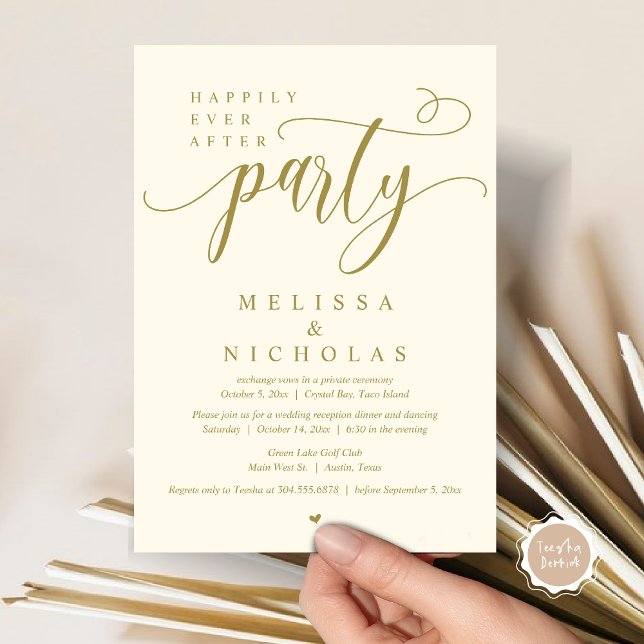 Convites O Novo Sr. e a Sra., Partido do Janto de Elopement (Happily ever after, Wedding Elopement Dinner Party Lunch Brunch Invitation Card, PDF, Yellow Gold)