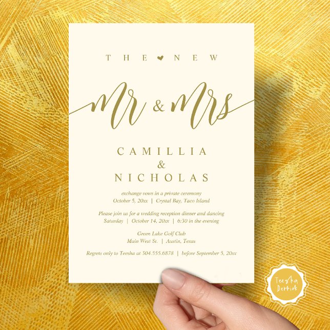 Convites O Novo Sr. e a Sra., Partido do Janto de Elopement (The New Mr and Mrs, Wedding Elopement Dinner Party Lunch Brunch Invitation Card, PDF, Yellow Gold)