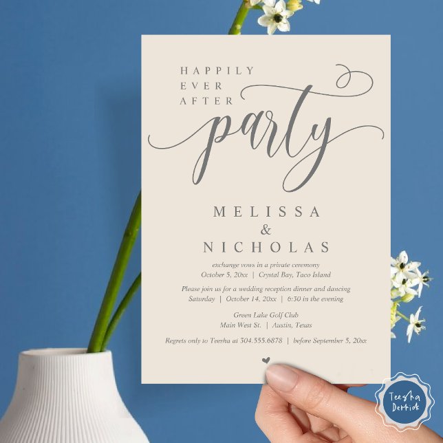 Convites O Novo Sr. e a Sra., Partido do Janto de Elopement (Happily ever after, Wedding Elopement Dinner Party Lunch Brunch Invitation Card, PDF, Grey Cream)