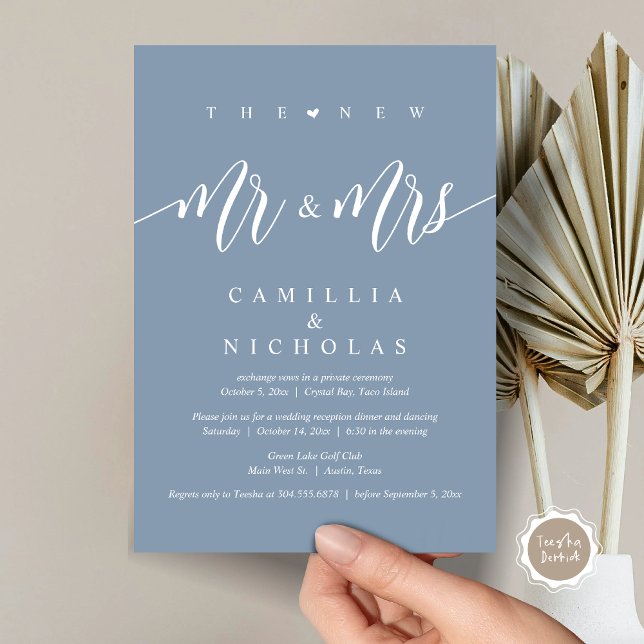 Convites O Novo Sr. e a Sra., Partido do Janto de Elopement (The New Mr and Mrs, Wedding Elopement Dinner Party Invitation Card, PDF, Dusty Blue)