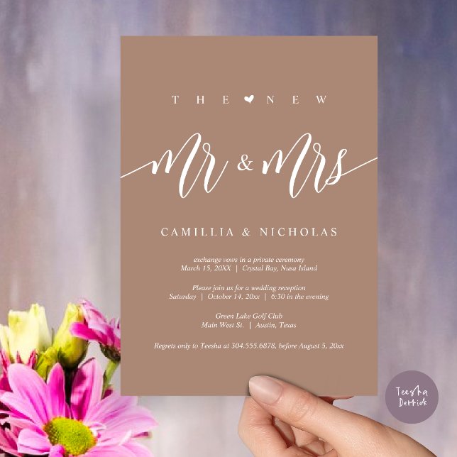 Convites O Novo Sr. e Sra., Partido do Elopemento do Casame (The New Mr and Mrs, Modern Wedding Elopement Party Invitation Card, PDF, in Neutral Warm Taupe)