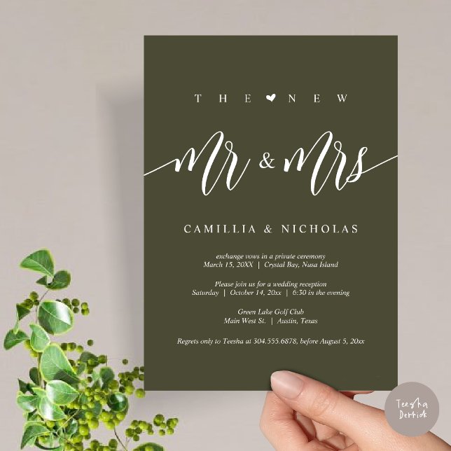 Convites O Novo Sr. e Sra., Partido do Elopemento do Casame (The New Mr and Mrs, Modern Wedding Elopement Party Invitation Card, PDF, in Olive Green)